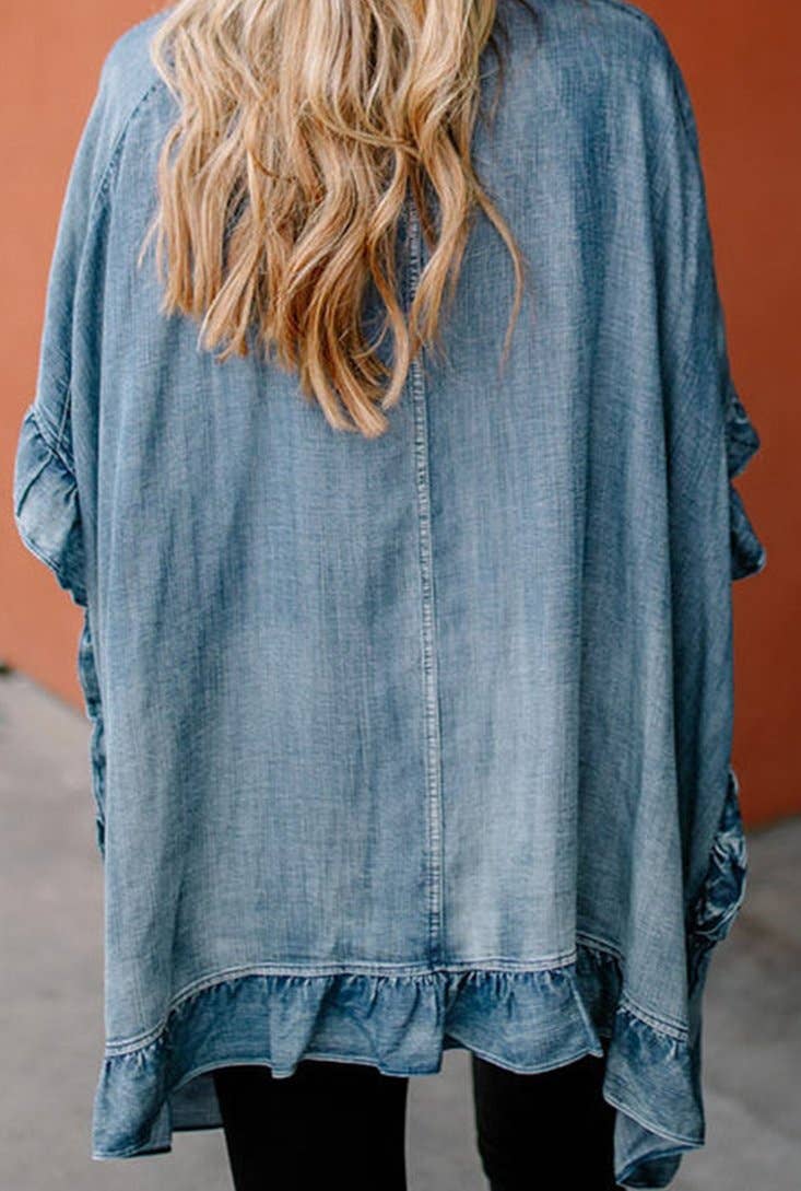Blue Chambray Ruffle Hem Half Sleeve Open Loose Kimono for wholesale on Faire1