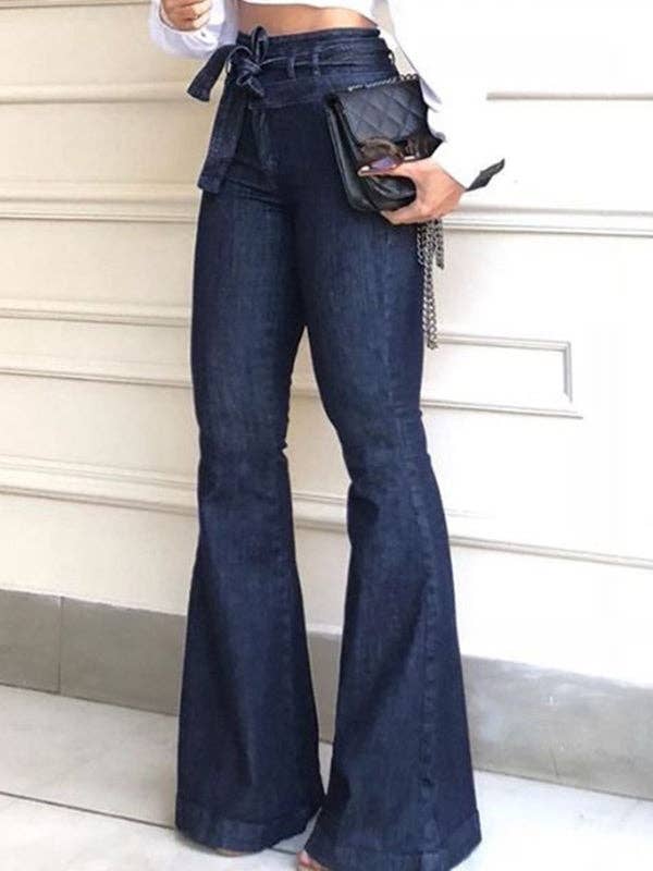 UZ Wholesale Store - Wholesale Jeans - Women's - Flared Pants High Waisted Solid Color Tied Waist Jean Pants Bottoms