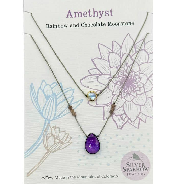 Amethyst with Rainbow Moonstone Gold Duo set for wholesale by Silver Sparrow Jewelry