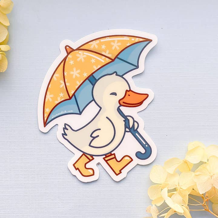 Alum and Ink - Wholesale Sticker - Duck with Rain Boots and Umbrella Clear Vinyl Sticker1