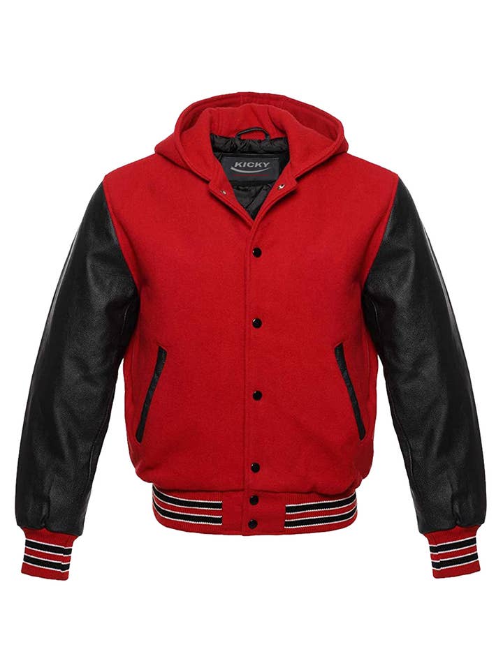 Kicky Imports LLC – Engroshandel College-/baseballjakke – Mænd – Hætteklædte Varsity Letterman Baseball Bomber Jakke Rød Sort