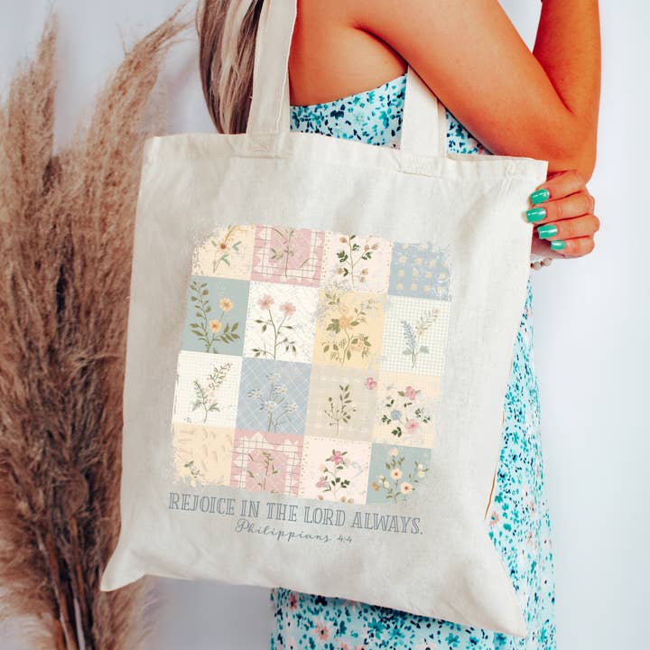 Rejoice In The Lord Christian Floral Patchwork Canvas Tote for wholesale by Scripted Pearl
