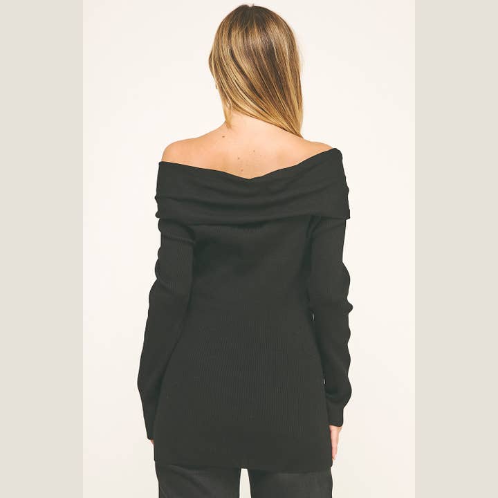 Black GLAM BOW ZIP-OFF SHOULDER BOW RIBBED KNIT TOP for wholesale on Faire6