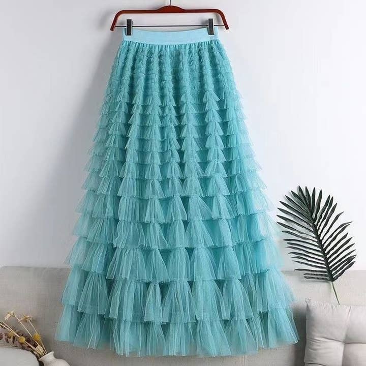 FurDecoration - Wholesale Skirt - Women's - Solid Color Organza Ruffle Hem Midi Skirt