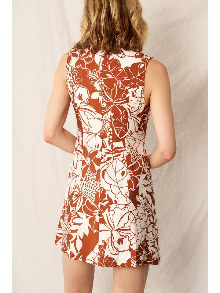Ivory Brown Printed Sleeveless Button Down Mini Dress for wholesale on Faire