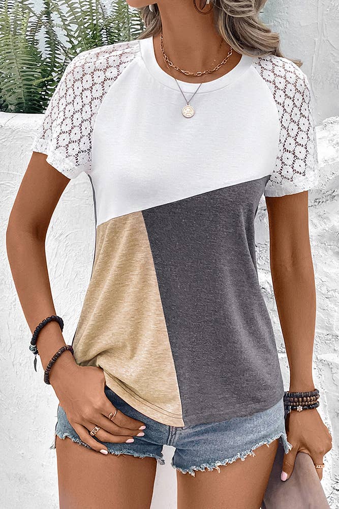 UNISHE - Wholesale Knit Top - Women's - Color Block Lace Sleeves Top YBL0584