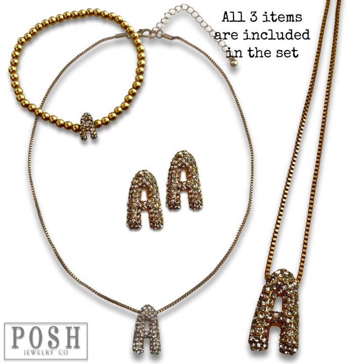 Pink Panache Brands - Wholesale Jewelry Set - Rhinestone initial jewelry set
