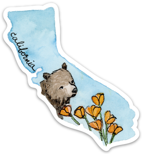 Bloom & Wander - Wholesale Sticker - California Stickers | CA State Watercolor - Bear & Poppies1