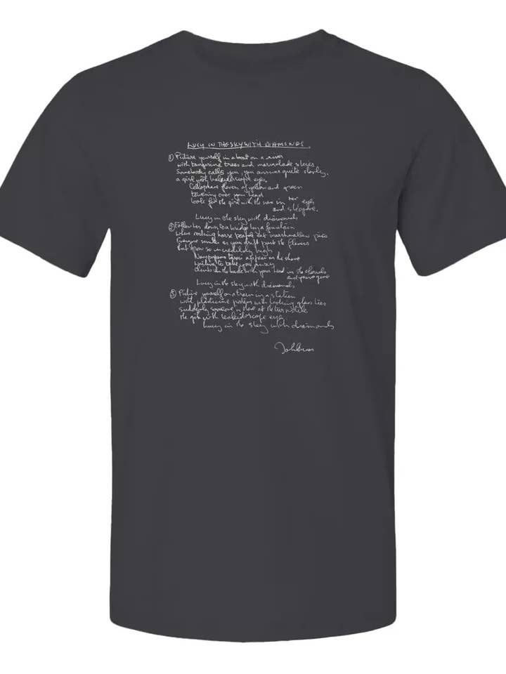 "Lucy in the Sky with Diamonds - The Beatles" Premium Unisex T-Shirt (Handwritten lyrics by John Lennon) for wholesale by Amp'd Apparel Company