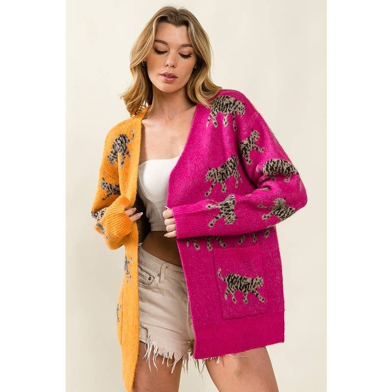IVE - Vente Cardigan – femme - CARDIGAN À COL EN V À MOTIF TIGRE ET POCHES PLAQUÉES1