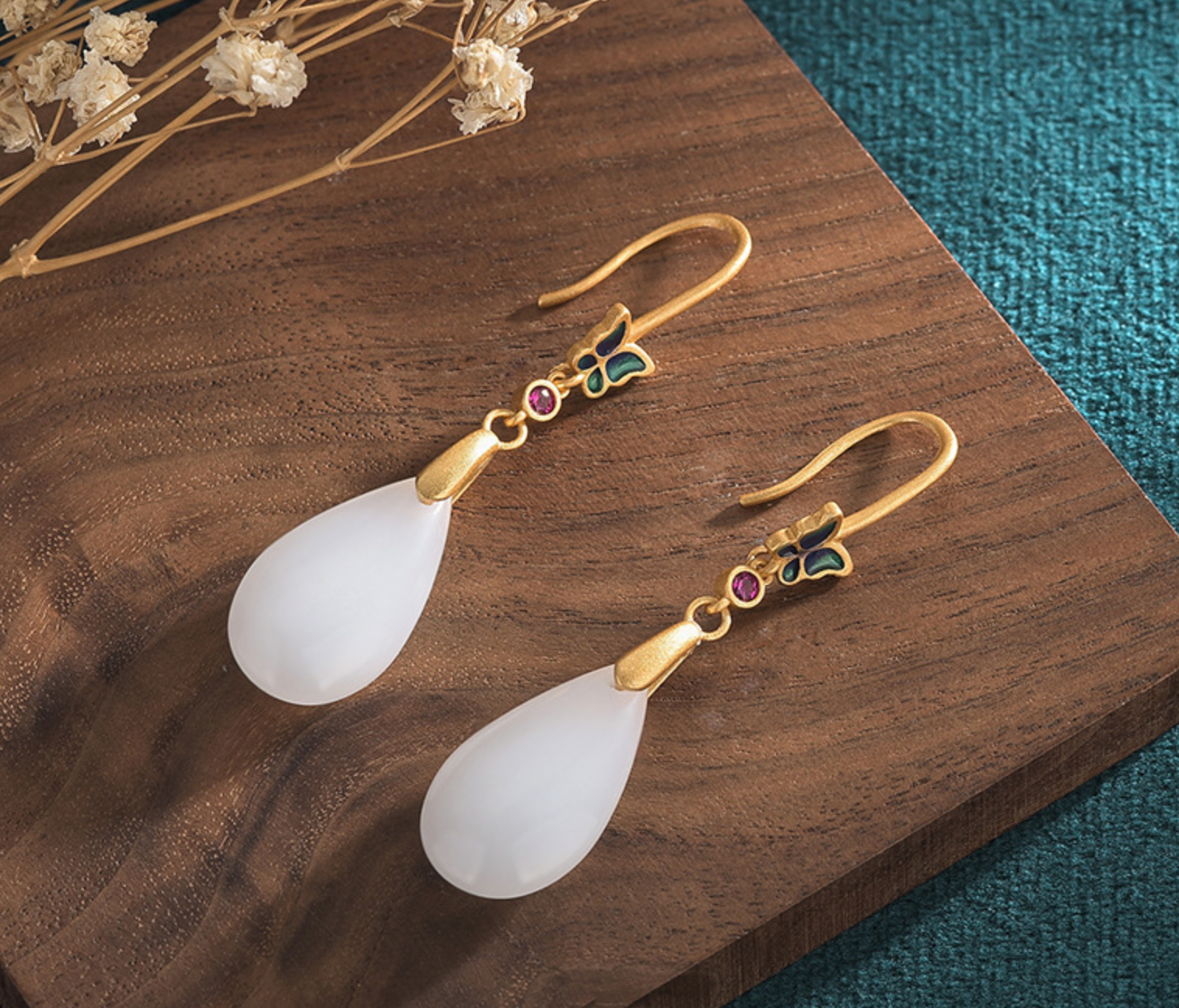 Bright MacMing - Wholesale Dangle Earrings - Enamel Butterfly on A Drop of White Jade Earrings4