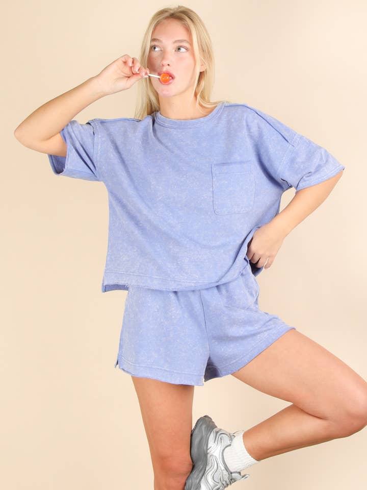 VERY J - Wholesale Activewear Set - Women's - NT12000SET-Mineral Washed Comfy Knit Top & Shorts Set
