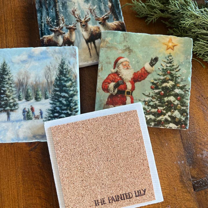 The Painted Lily - Wholesale Coasters - Vintage Christmas stone coasters - case of 43