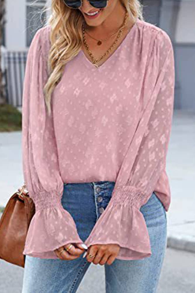 UNISHE - Wholesale Blouse - Women's - V Neck Lace Sheer Flare Sleeves Blouse AXR0056