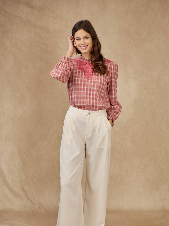 Checked blouse with high collar embroidery - ZS8005-RICARDO for wholesale by LOVIE & CO