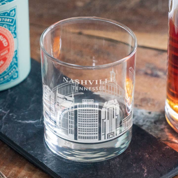Nashville, Tennessee City Skyline Engraved Glasses for wholesale by Benoit's Design Co.