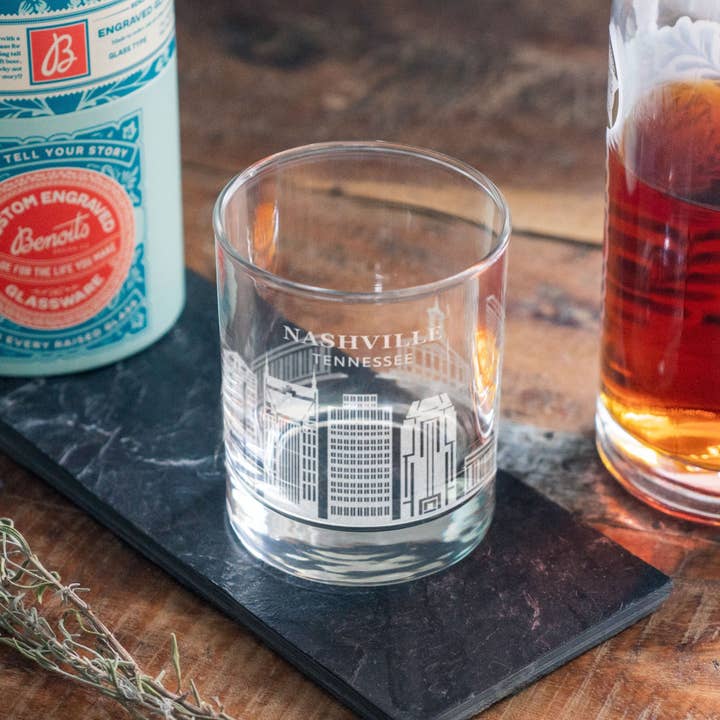 Nashville, Tennessee City Skyline Engraved Glasses for wholesale by Benoit's Design Co.