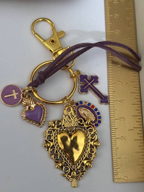 Miss DJ Angel - Wholesale Sleutelhanger - Dames - Sleutelhanger met heilig hart en kruis, cadeau voor mama ex-voto, mirakelmedaille bedel, paarse sleutelhanger5