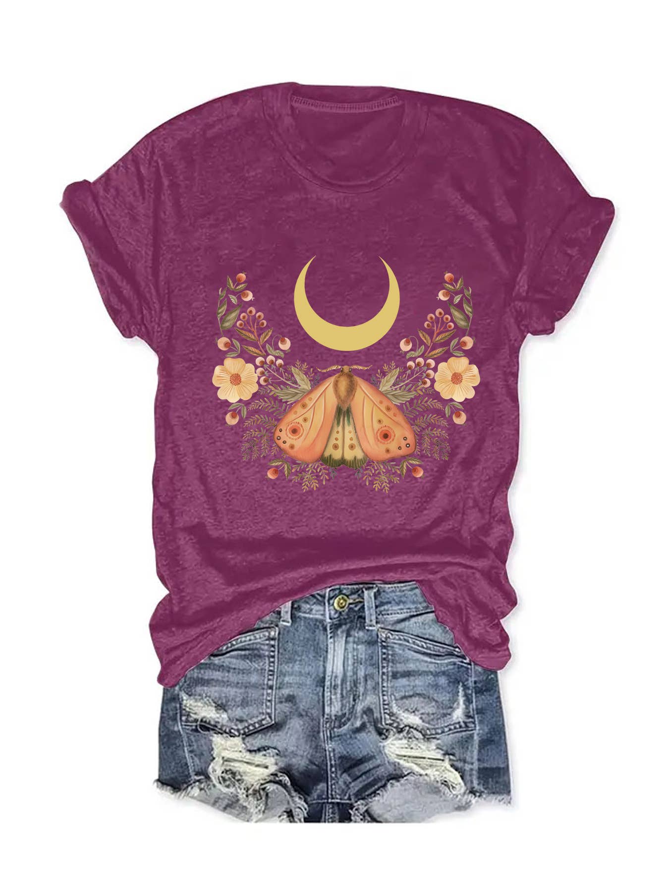 Rosa Clothing - Vente T-shirt sérigraphié – femme - T-shirt à motif en forme de croissant décroissant, de fleurs sauvages et de papillons1