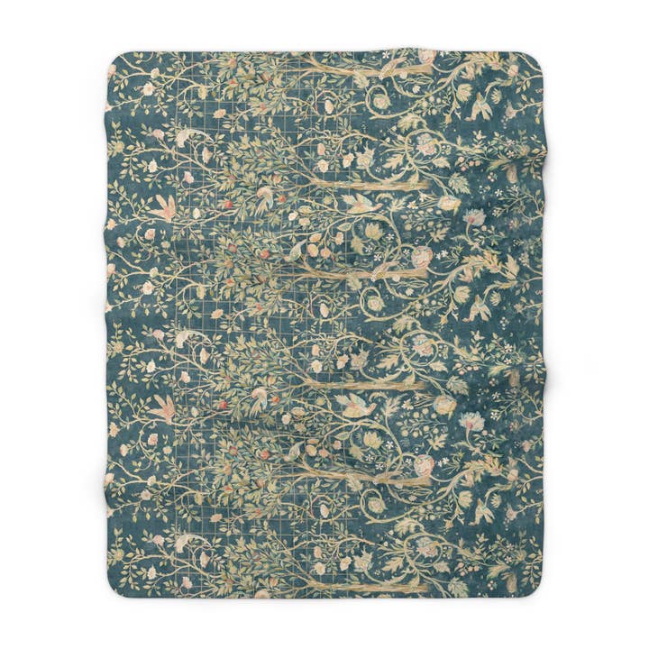 Sherpa Fleece Tæppe inspireret af William Morris - Melsetter Kollektion (Evergreen Teal) for engroshandel hos Willy Morris Home Emporium