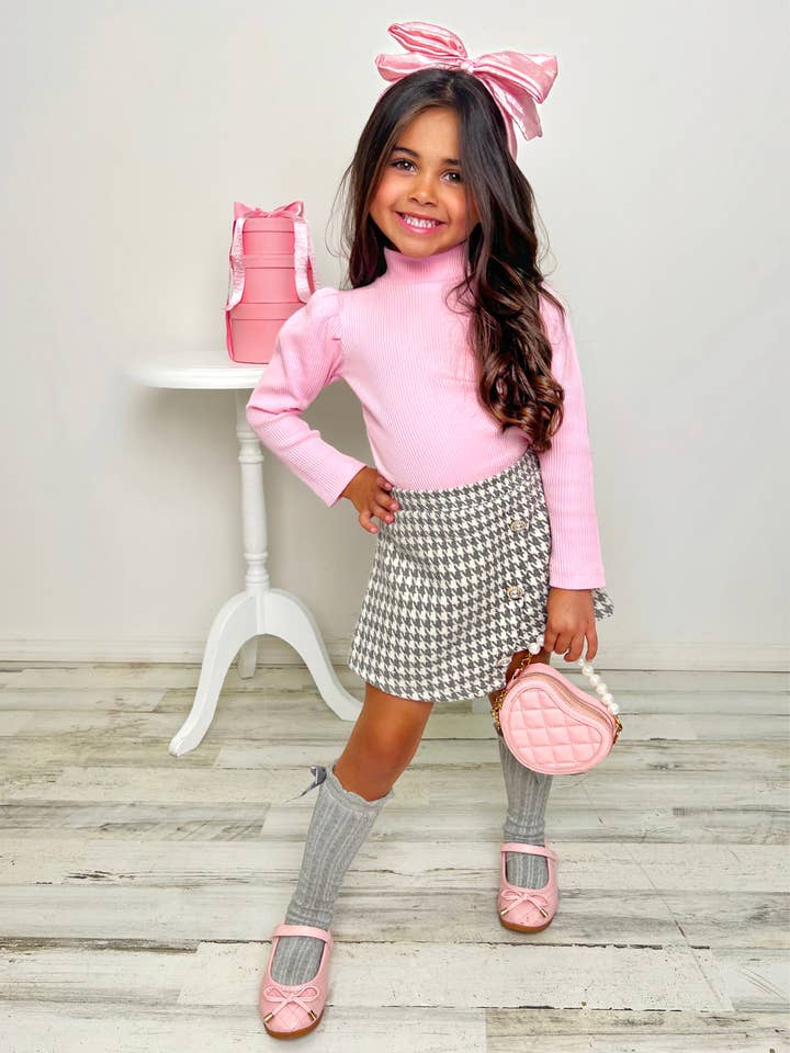 Grey OOTD-Ready Pink Turtleneck Top and Houndstooth Skort Set for wholesale on Faire