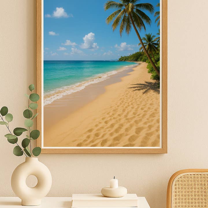Tropical Beach Wall Art – Serene Palm Tree Coastline Photography Print for wholesale by WinsterCreations™