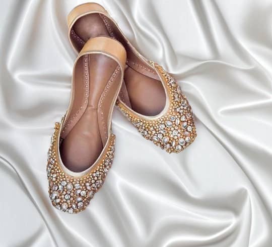 Quintessential Kundan Embellished Satin Gold Wedding Flats Jutti Khussa for wholesale on Faire3