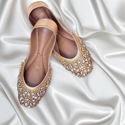 Quintessential Kundan Embellished Satin Gold Wedding Flats Jutti Khussa for wholesale on Faire3