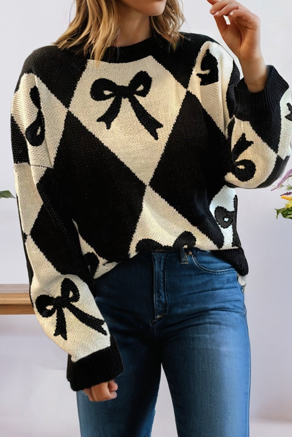 66DISCO - Wholesale Knit Sweater - Women's - Valentine Bow Print 2-tone Rhombus Knit Loose Sweater (S-XL)3