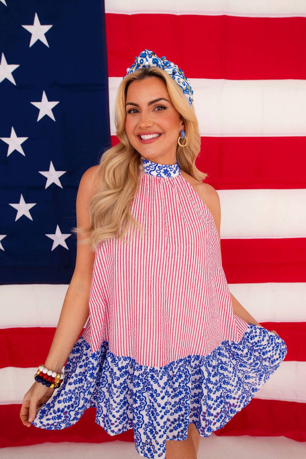 Brianna Cannon - Wholesale Dress - Women's - Patriotic Seersucker Halter Dress5