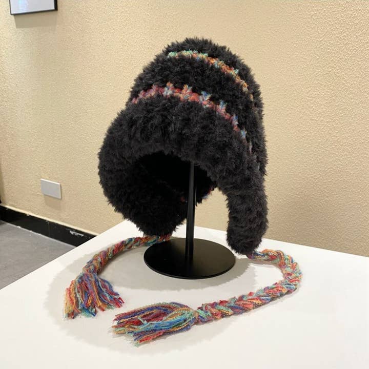 Funkyrel® Atzbranding Limited - Wholesale Beanie - Women's - Haila - Plush & Heavyweight Color-Block Earflap Beanie with Tassels2