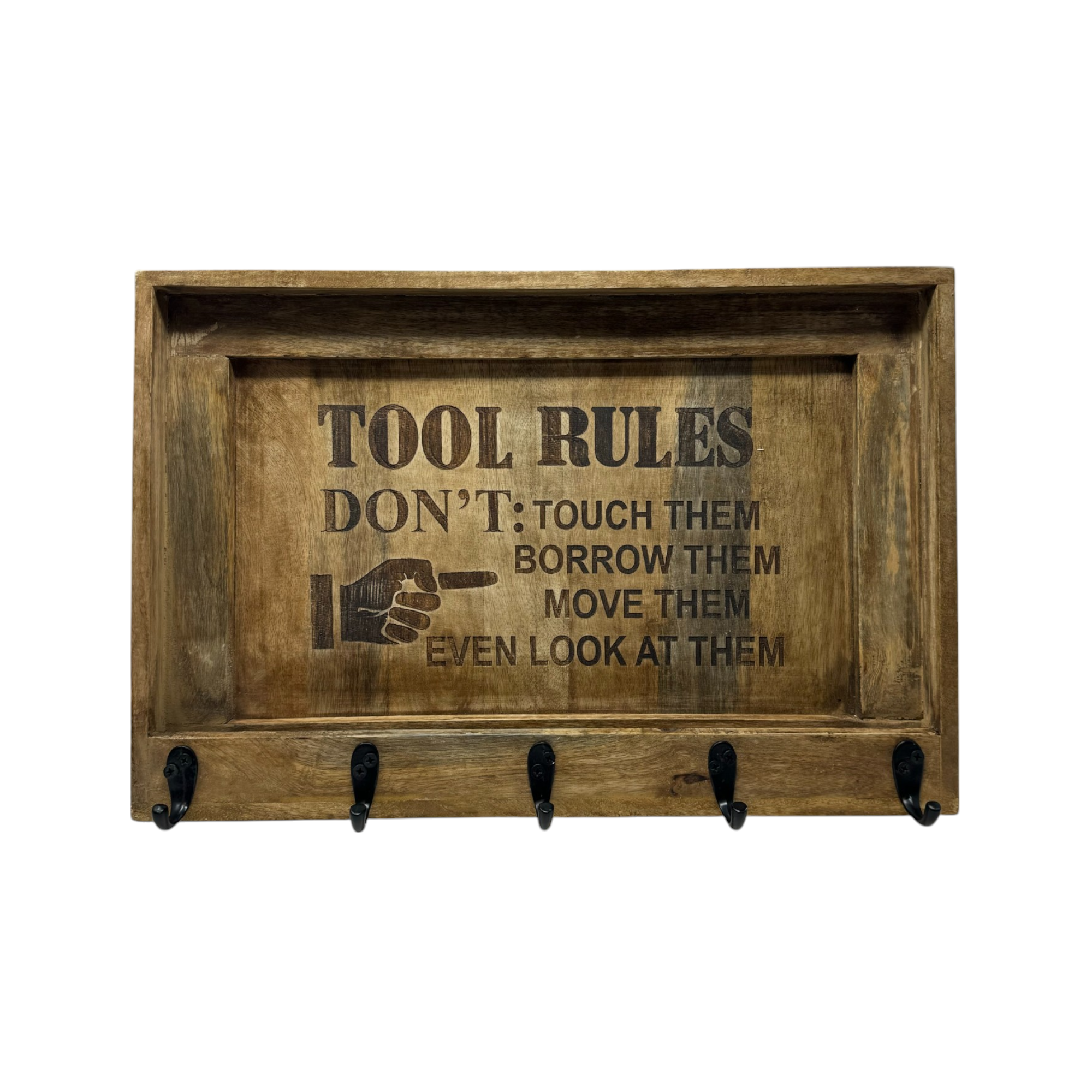 Wilco Home - Wholesale Tool Set - Tool Rules Etched Wood Wall Organizer with Cast Iron Hooks1