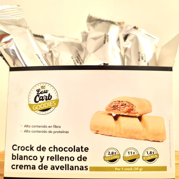Low Carb Goodies - Wholesale Chocolate Covered Sweets - Box of 6 CROCK white chocolate, filled with hazelnut protein cream. Only 2.8 net carbs/crock1