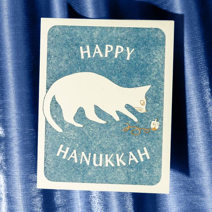 Bromstad Printing Co. - Wholesale Hanukkah Card - Happy Hanukkah Dreidel Cat - Risograph Card