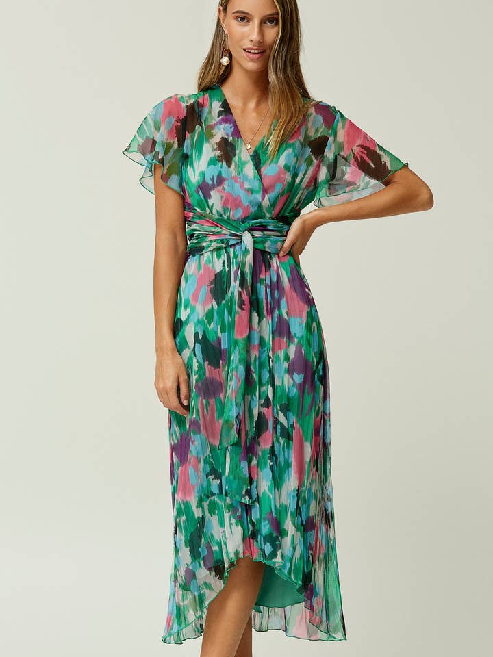 Bedrucktes Chiffonkleid mit Taillenschleife für den Großhandel von OKY