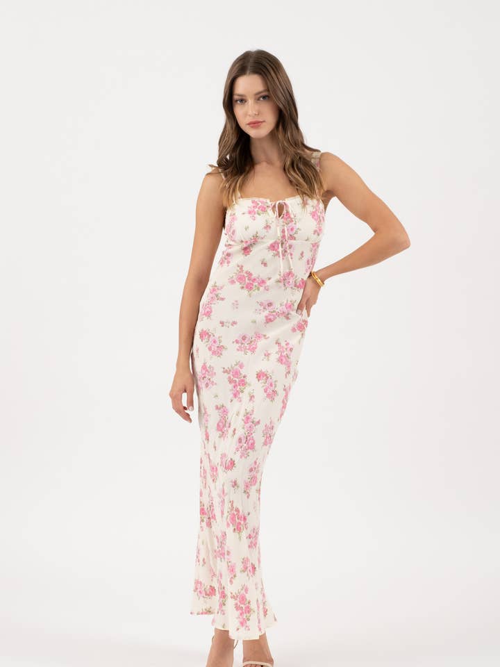 FLORAL FRONT TIE SPAGHETTI STRAP MIDI DRESS for wholesale by The Workshop Studio