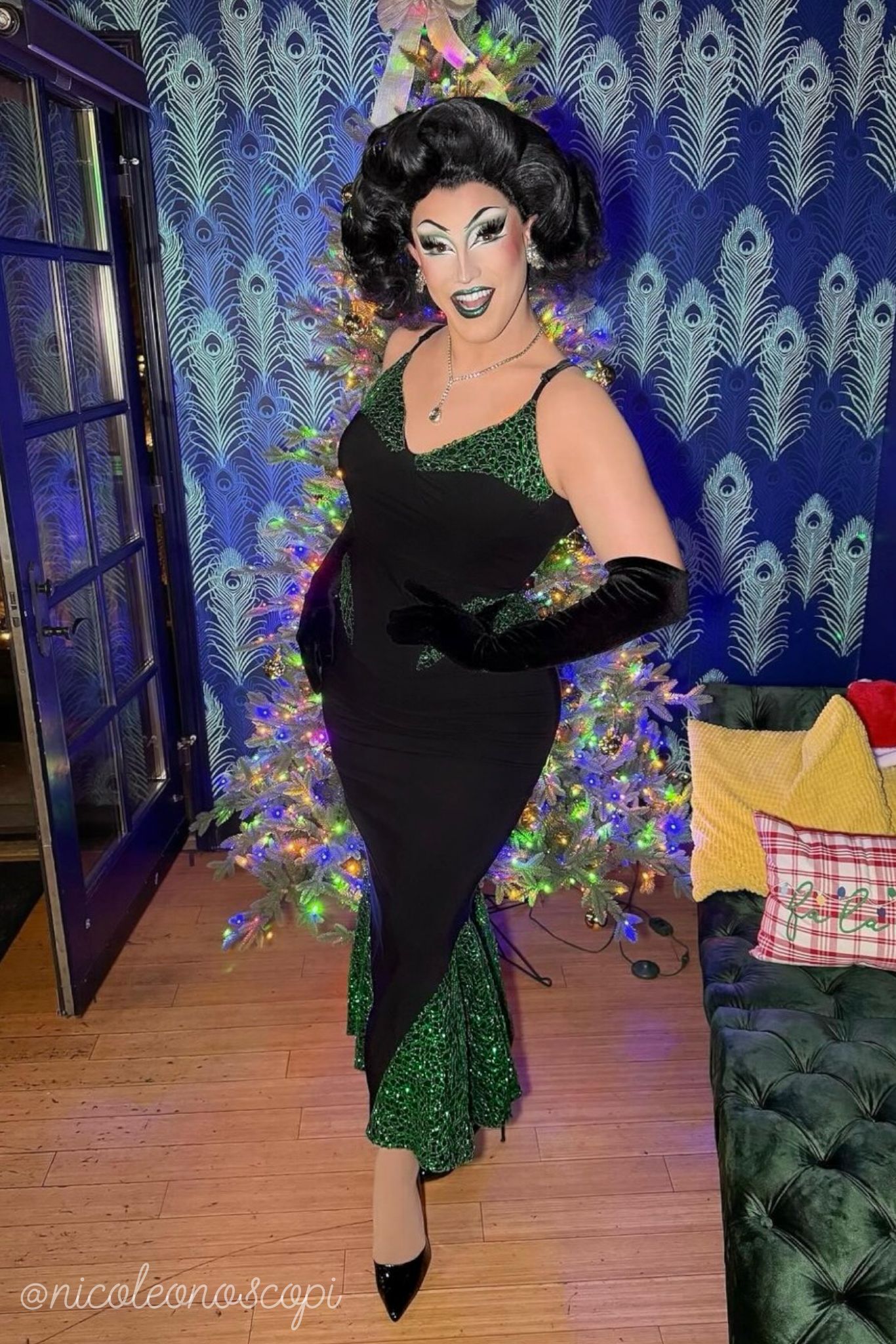 Weasel Wear - Wholesale Gown - Women's - Creature Sparkle Dress in Green - Glitter Net Mermaid Dress with Structured Neckline & Seaweed Sparkle Overlay (Siren of the Swamp Edition)7