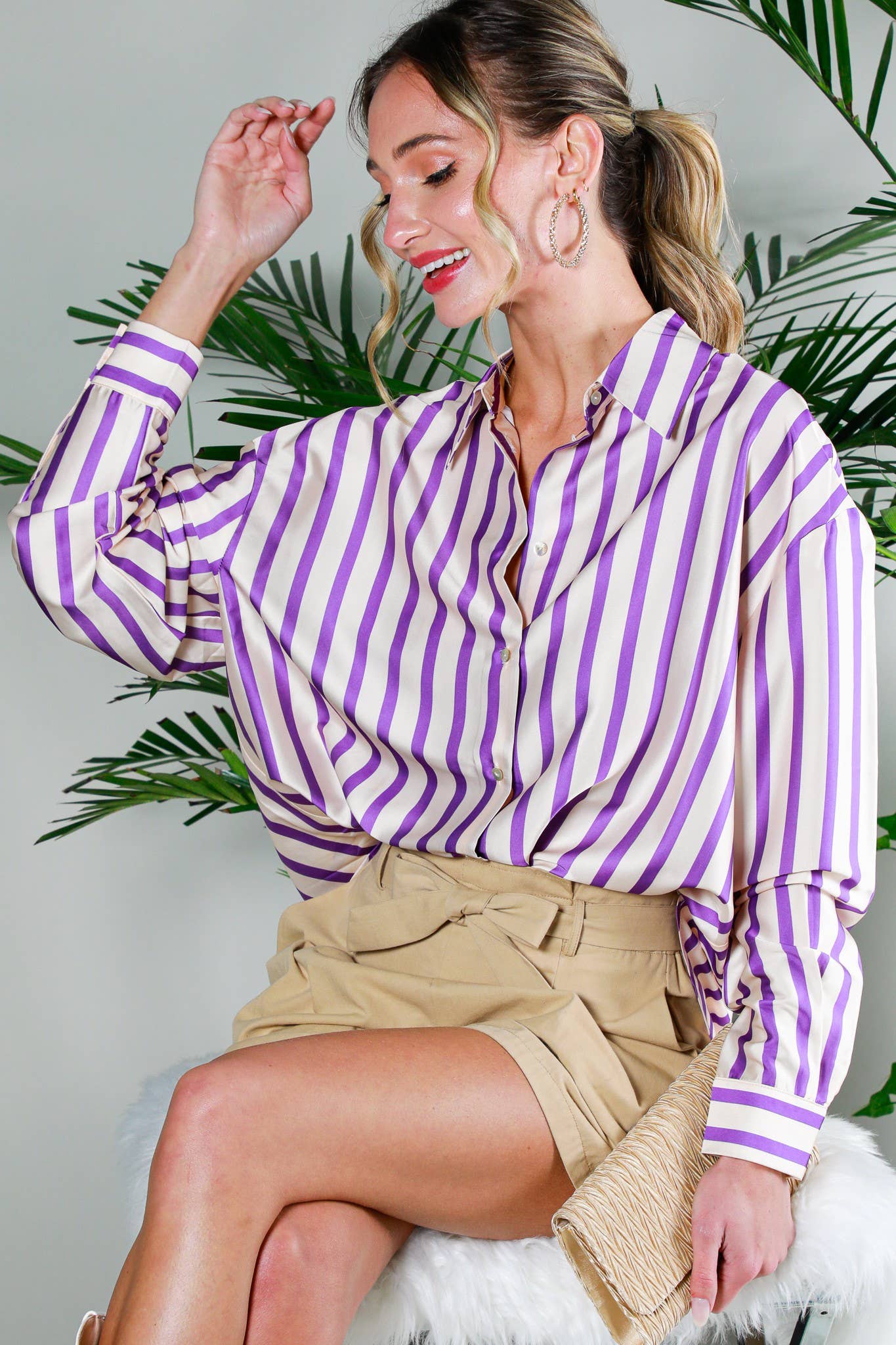 Vine & Love - Wholesale Button Down Shirt - Women's - Collard Vertical Stripe Printed Satin Blouse Top VT8131520
