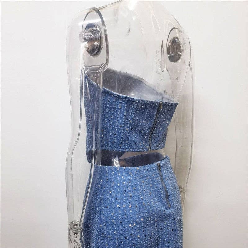 FurDecoration - Wholesale Top & Skirt Set - Women's - Fashionable Denim Ripped Sequin Mini Skirt Bandeau Set9