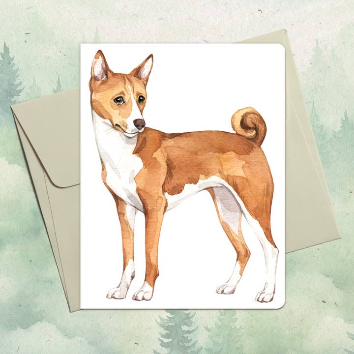 Biglietto di auguri fatto a mano con cane Basenji per la vendita all'ingrosso da parte di Soul Familiar
