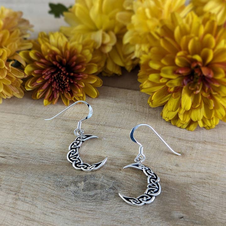 Celtic Knot Crescent Moon Earrings in Sterling Silver for wholesale by The Green Gecko