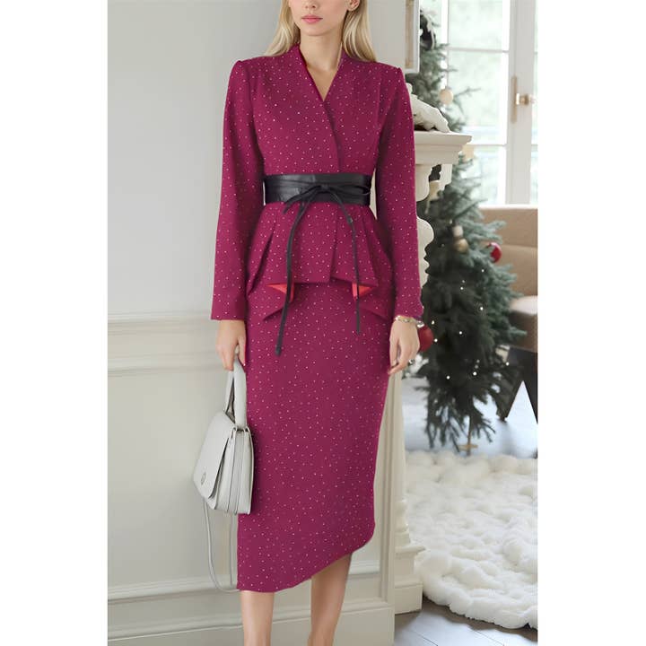 X0391LS Rhinestones Peplum Wrap Top and Midi Skirt Set for wholesale by XHHH Inc