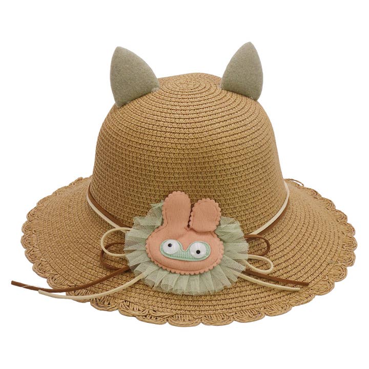Assorted Kids Bunny Ear Scallop Straw Bucket Sun Hat -DISLCLAIMER for wholesale on Faire7