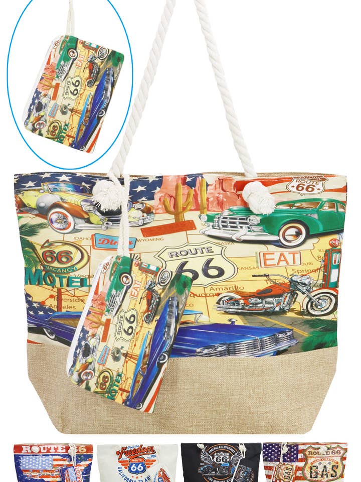 Route 66 Print Zippered Canvas Tote With Pouch for wholesale by Cap Zone