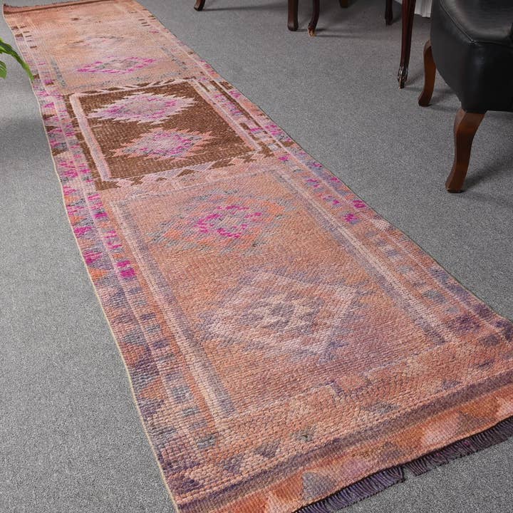 Vintage Pink & Brown Rug, 2.5x12.1 Ft Woven Geometric Carpet for wholesale by Vintage Rugs Loom