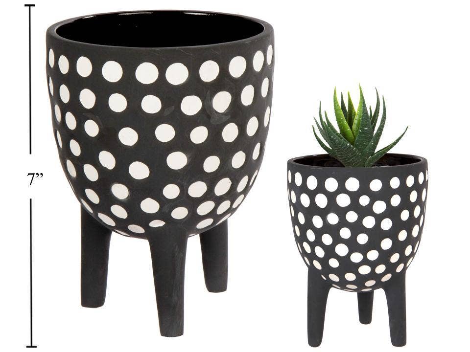 Truu Design - Wholesale Plant Pot - Footed Ceramic Planter, B/WDotted, 4.5"D x 5"H&5.3"D x 7"H1