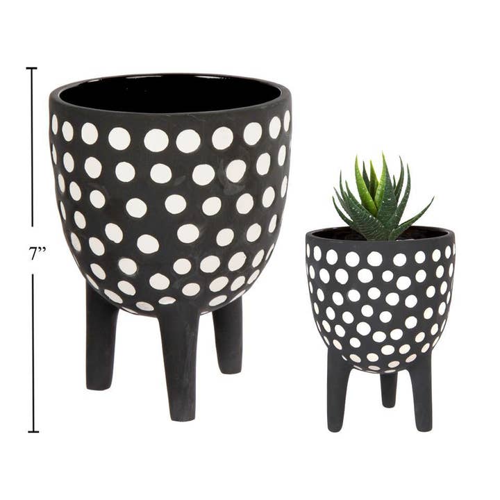 Truu Design - Wholesale Plant Pot - Footed Ceramic Planter, B/WDotted, 4.5"D x 5"H&5.3"D x 7"H1