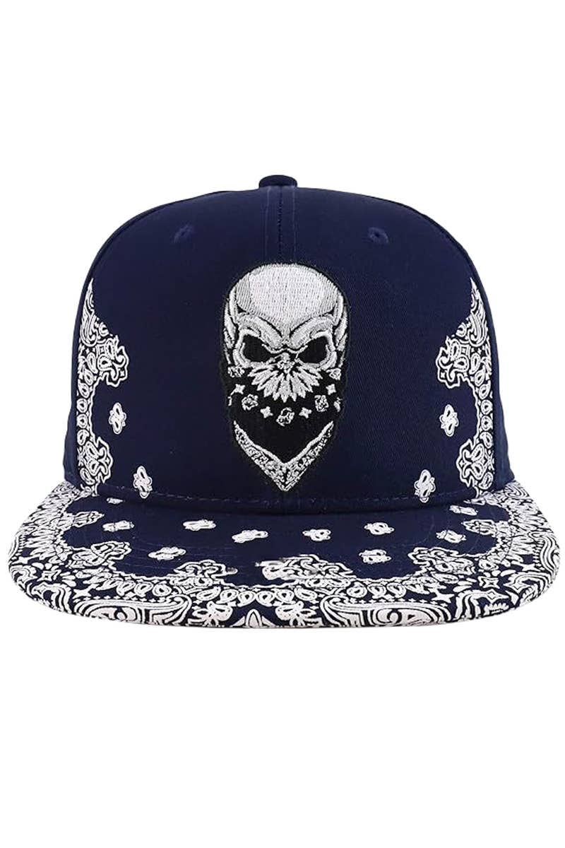 Cap Zone - Wholesale Flat Brim Cap - Men's - Rebel Biker Skull Paisley Bandana Print Snapback8