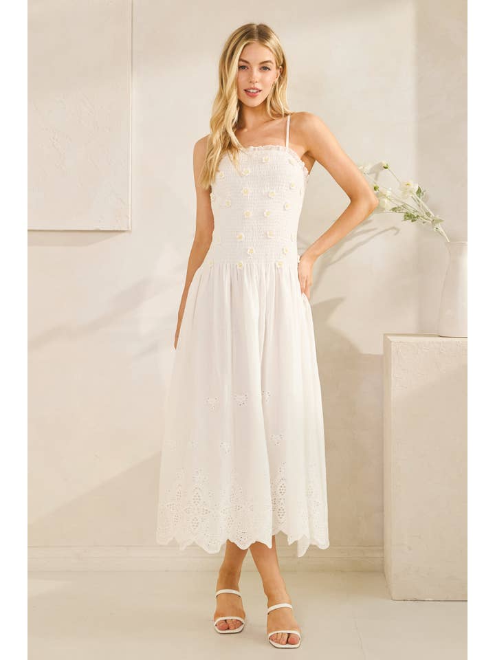 White NEGRIL FLOWER SMOCKING EYELET DRESS (ST#FSWD5315) for wholesale on Faire1
