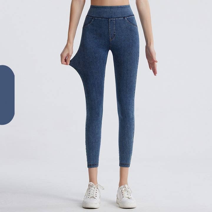 FurDecoration - Wholesale Athletic/Lounge Leggings - Women's - High Waist Fleece-Lined Sporty Denim Leggings2